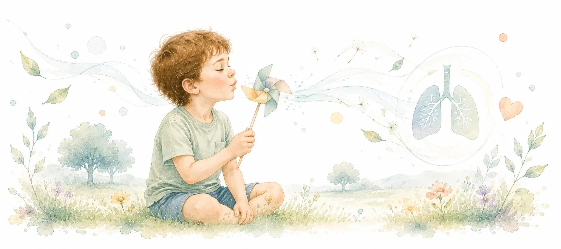 Ilustración infantil de respiración y salud pulmonar